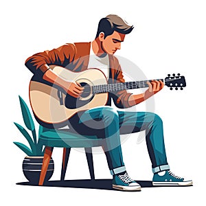 Musician man playing guitar acoustic vector illustration, male guitarist performing music, String instrument player design