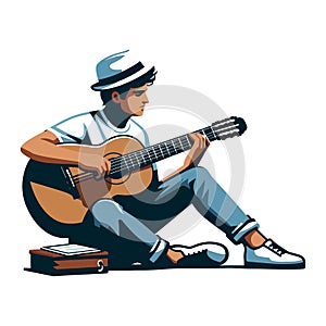 Musician man playing guitar acoustic vector illustration, male guitarist performing music, String instrument player design