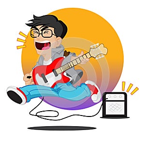 Musician man singing and playing guitar, having many emotional. Vector cartoon