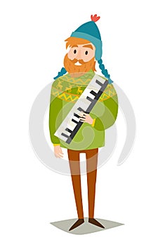 Musician man in a traditional national wool sweater with deer print