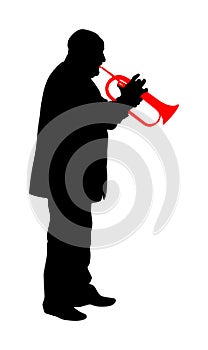 Musician man with trumpet on stage vector silhouette isolated on white background. Music men. Jazz man. Bugler artist performer.