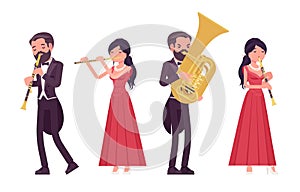 Musician, man, woman playing trumpet, professional wind instruments