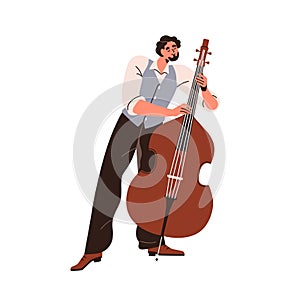 Musician performing on double bass, playing classical and jazz music. Happy man player standing with contabass, fingers