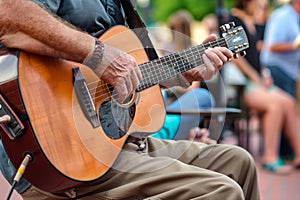 musician playing acoustic guitar for an attentive outdoor audience