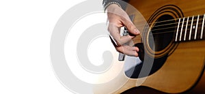 musician playing acoustic guitar, rock music concert. horizontal banner. Copy space for your text