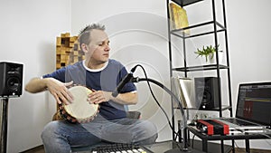 Musician playing djembe drum instrument in home music studio.
