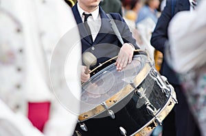 Musician playing the drum in the Festival of the fallas of Valencia