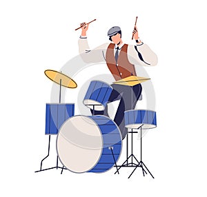 Musician playing with drumsticks at drum kit. Jazz drummer performing retro music at percussion instrument. Elegant man