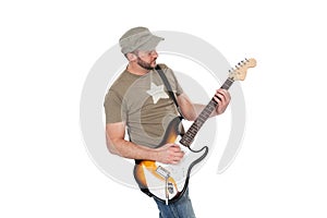 Musician playing electric guitar with enthusiasm. Isolated on white