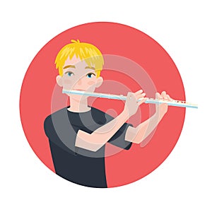 Musician playing flute. Boy flutist is inspired to play a classical musical instrument. Vector.