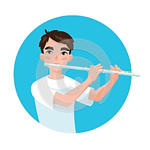 Musician playing flute. Girl flutist is inspired to play a classical musical instrument. Vector.