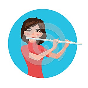 Musician playing flute. Girl flutist is inspired to play a classical musical instrument. Vector.