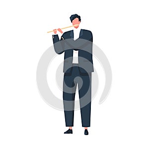 Musician playing flute, standing in suit. Flutist performing classic music on wind instrument. Solo performance of