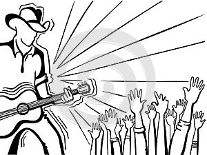 Musician playing guitar country music festival. Vector guitar player man with cowboy hat and fans on graphic scetch music backgrou