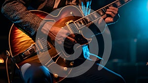 a musician playing the guitar on a dimly lit stage during a live concert, AI Generated