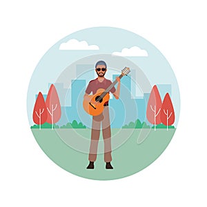 Musician playing guitar round icon