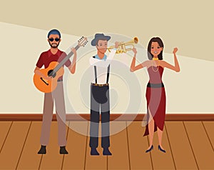 Musician playing guitar trumpet and dancing