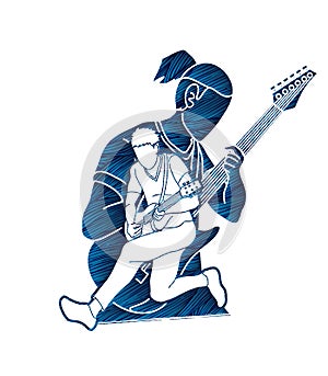 Musician playing music together, Music band, Men playing electric guitar graphic vector