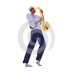 Musician playing saxophone. Black jazz man, music player performing solo, holding sax, brass instrument. African jazzman