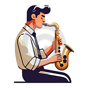 Musician playing saxophone, music player performing solo, holding sax instrument in hands, man saxophonist, jazz and blues