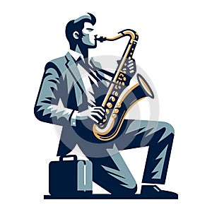 Musician playing saxophone, music player performing solo, holding sax instrument in hands, man saxophonist, jazz and blues