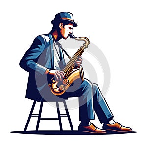 Musician playing saxophone, music player performing solo, holding sax instrument in hands, man saxophonist, jazz and blues