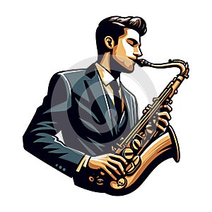 Musician playing saxophone, music player performing solo, holding sax instrument in hands, man saxophonist, jazz and blues