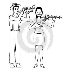 Musician playing trumpet and violin black and white