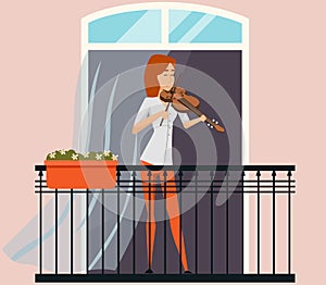 Musician playing violin. Girl violinist play classical musical instrument stands on balcony