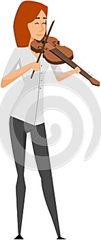 Musician playing violin. Girl violinist play classical musical instrument stands on white background