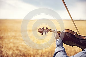 Musician playing violin outdoors summer background