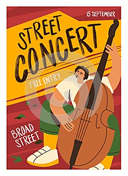 Musician plays double bass on live concert. Advertisement flyer, poster of jazz festival. Jazzman on music event placard