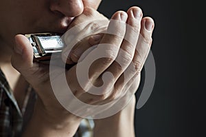 Musician plays the harmonica