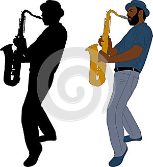 Musician plays saxophone illustration and silhouette