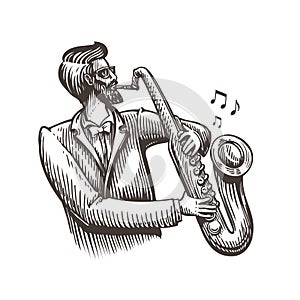 Musician plays the saxophone. Jazz, live music, blues sketch. Vintage vector illustration