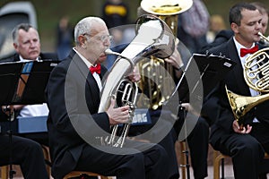 The musician plays the trumpet