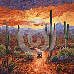 Majestic mountains beckoning along a desert road with a guitarist sitting nearby photo