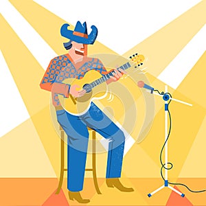 Musician singer man in cowboy hat palying the guitar. Music fest