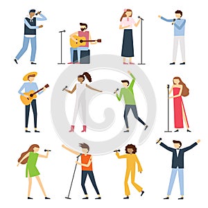 Musician singers people. Vocal singer artist, singing diva opera with mic and musicians sing song concert vector flat