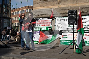 Musician singing at the Free Palestine Rally held by the Palestine Solidarity Campaign organised to coincide with the Gaza Return