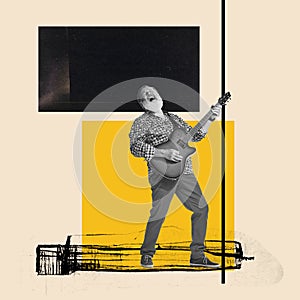 Musician. Stylish emotional senior man playing guitar over abstract background. Collage or design in magazine style. Art