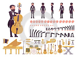 Musician, tuxedo man playing classical music, musical instruments, construction set