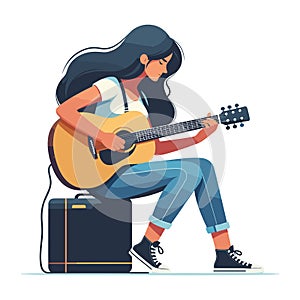 Musician woman playing guitar acoustic vector illustration, female guitarist performing music, String instrument player design