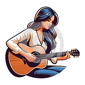 Musician woman playing guitar acoustic vector illustration, female guitarist performing music, String instrument player design