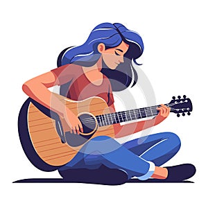 Musician woman playing guitar acoustic vector illustration, female guitarist performing music, String instrument player design