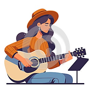 Musician woman playing guitar acoustic vector illustration, female guitarist performing music, String instrument player design