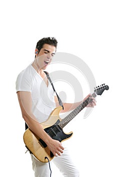 Musician young man playing electric guitar