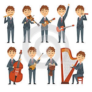 Musicians Boys Playing Different Musical Instruments Set, Talented Children Characters Playing Flute, Violin, Guitar