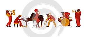 Musicians. Cartoon people with musical instruments playing melody and performing on stage. Happy jazz band players set