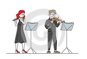 Musicians Characters with Instruments Perform on Stage with Violin and Flute. Symphony Orchestra Classical Music Concert
